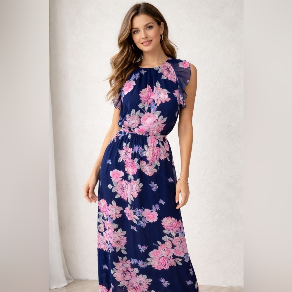 Navy Pink Floral Chiffon Maxi Dress Romantic Cottagecore Spring Wedding Guest Md